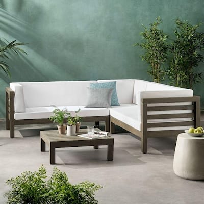 Roomfitters Oana 4-Piece Outdoor Wooden Sectional Sofa Set with Coffee Table, White Cushions