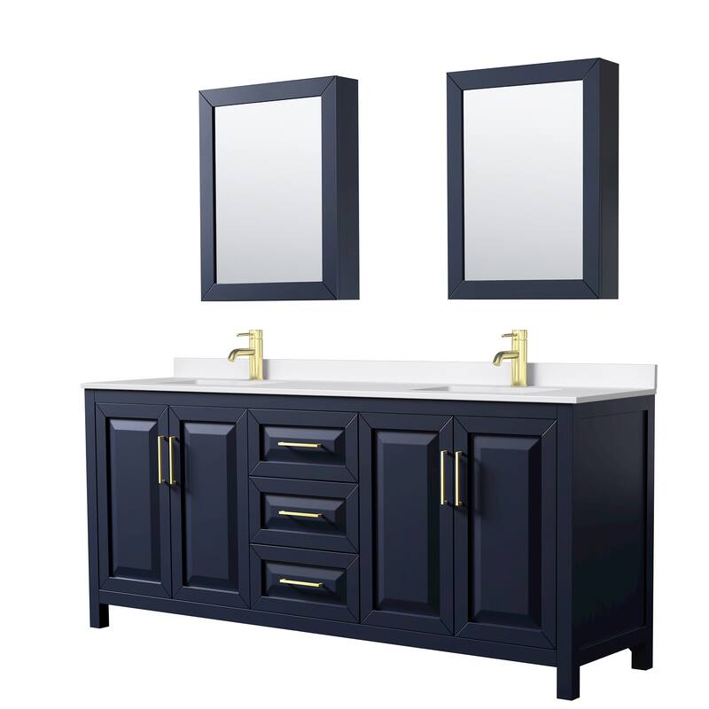Wyndham Collection WCV252580D-QTZ-UNSMED Daria 80" Free Standing - Dark Blue / White Quartz Top / Brushed Gold