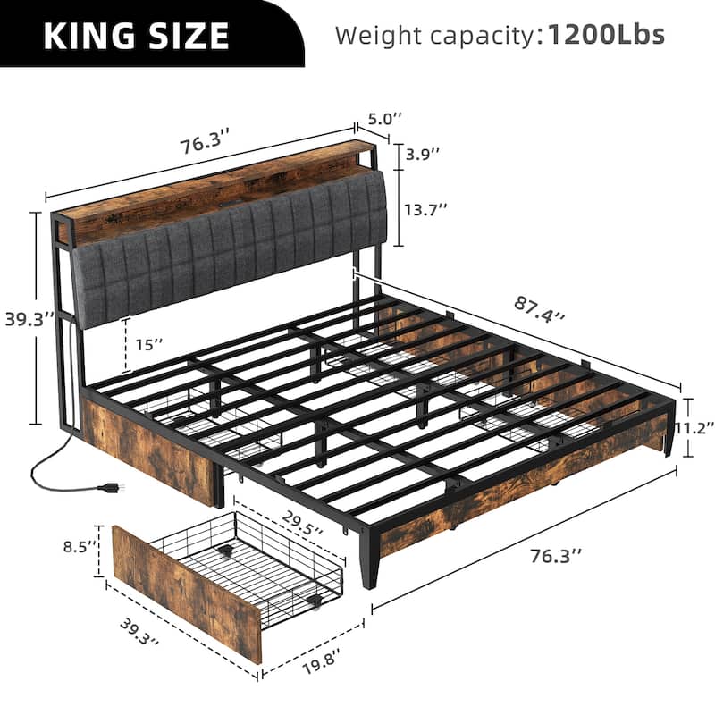 Upholstered Platform Bed with Charging Station and Storage Headboard