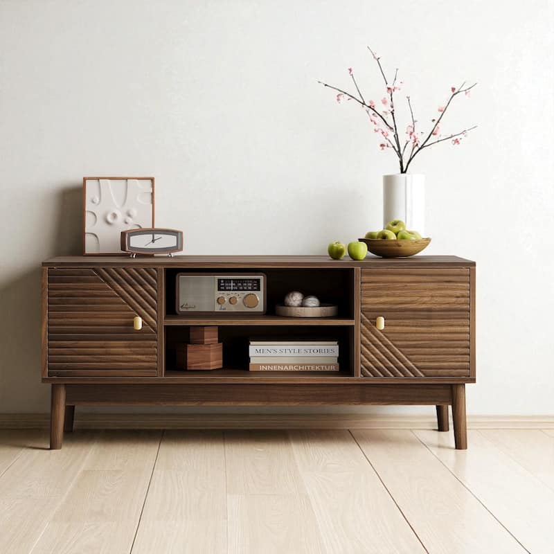 43.31" Mid-Century Modern TV Stand for 32-45 Inch TV, Media Console with Storage and Cable Management - Walnut
