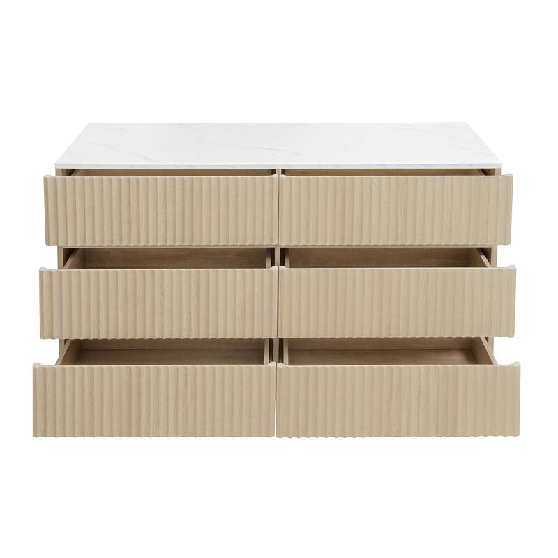 Fluted 6 Drawer Dresser, Double Dresser Chest with LED lights