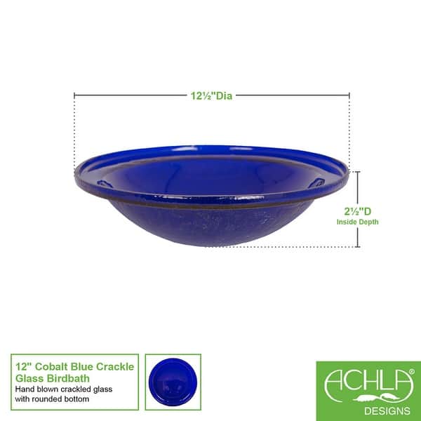 dimension image slide 1 of 5, Achla Designs Reflective Crackle Glass Birdbath Bowl, 12.5 Inch Diameter, Cobalt Blue