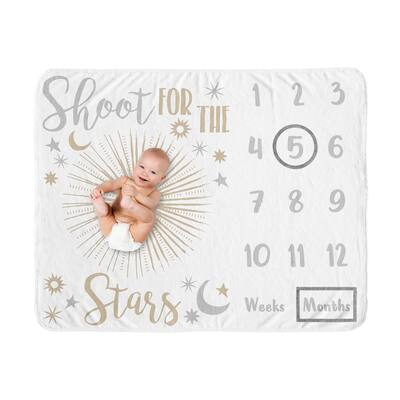 Star and Moon Boy or Girl Baby Monthly Milestone Blanket - Gold Grey For Celestial Sky Gender Neutral Unisex Shoot for the Stars