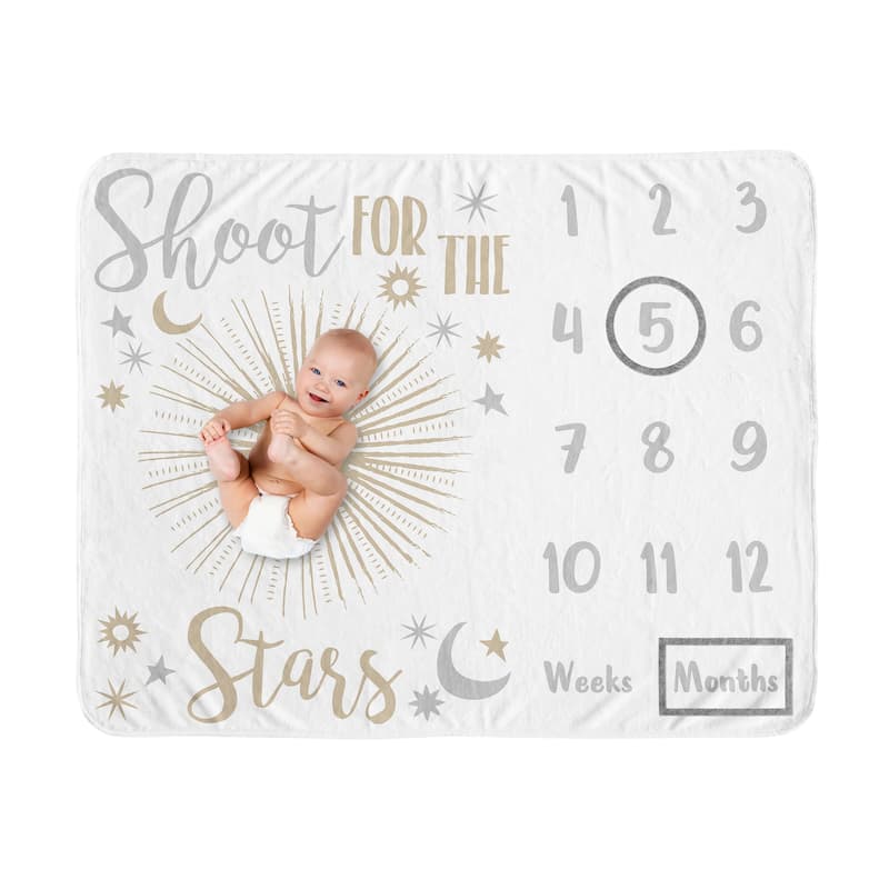 Star and Moon Collection Girl Baby Monthly Milestone Blanket - Gold and Grey Celestial Shoot for the Stars Space