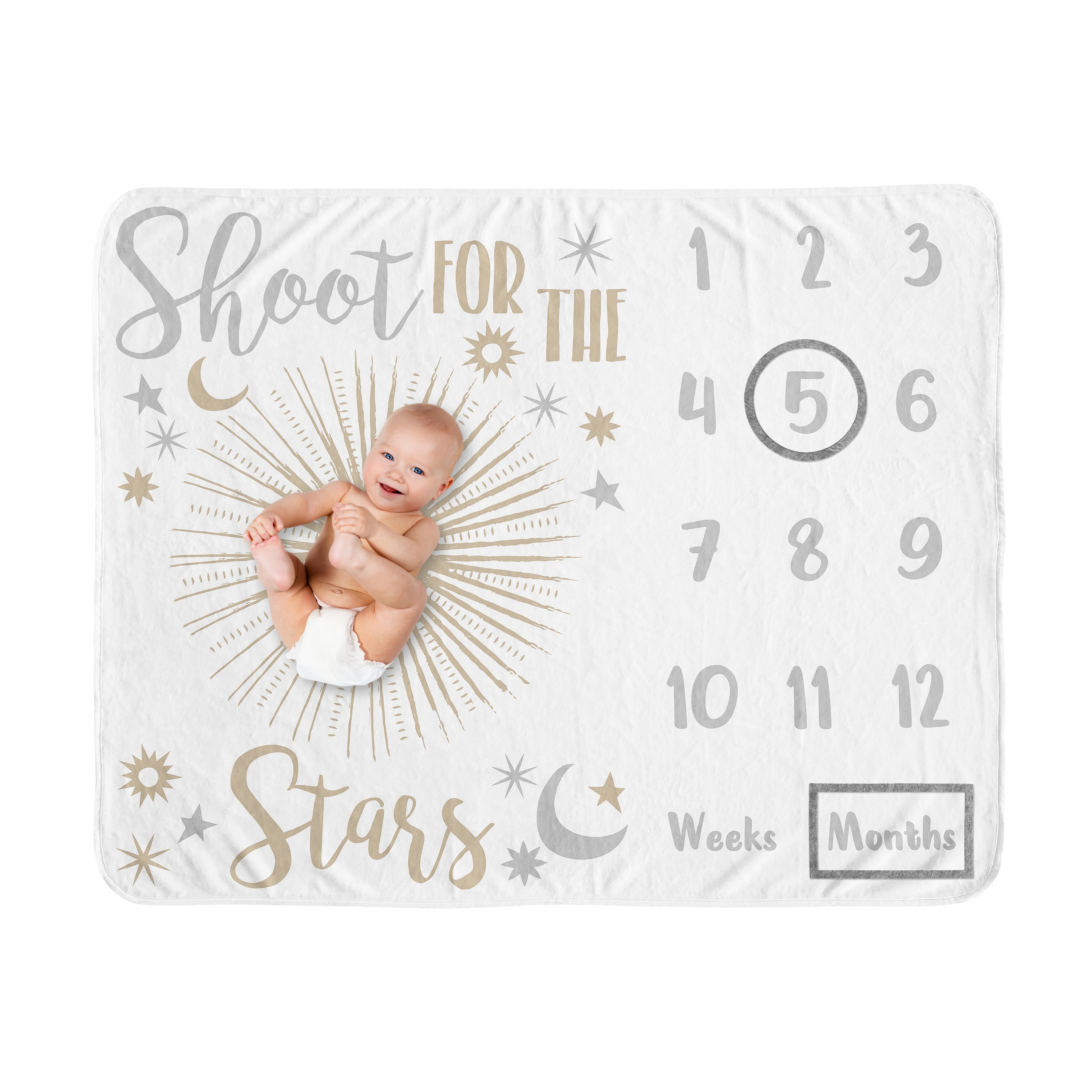 Star and Moon Collection Girl Baby Monthly Milestone Blanket - Gold and Grey Celestial Shoot for the Stars Space