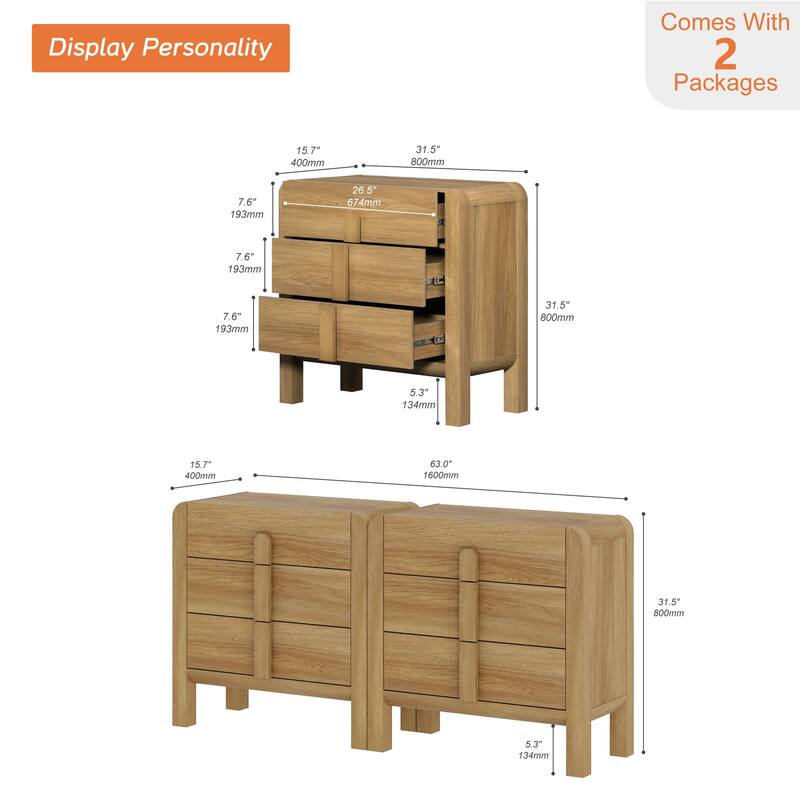 WAMPAT 3 Drawer Curved Dresser For Bedroom Set Of 2, Mid Century Modern Chest Of Drawers, Wood 6 Drawer Dresser