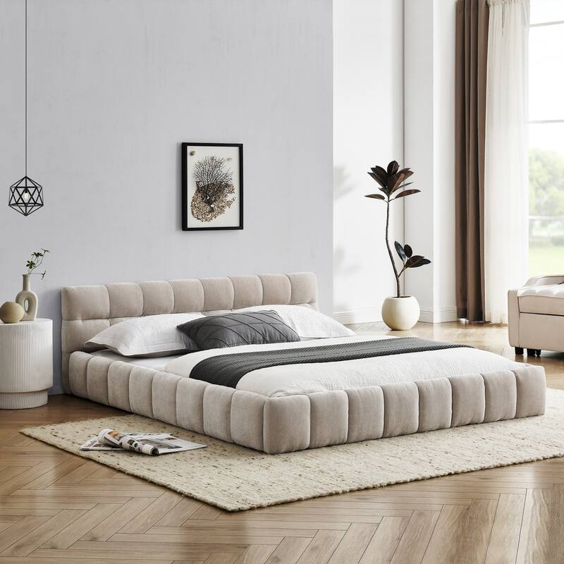 Chenille Fabric Grounded Queen Size Platform Bed with Headboard and Solid Frame