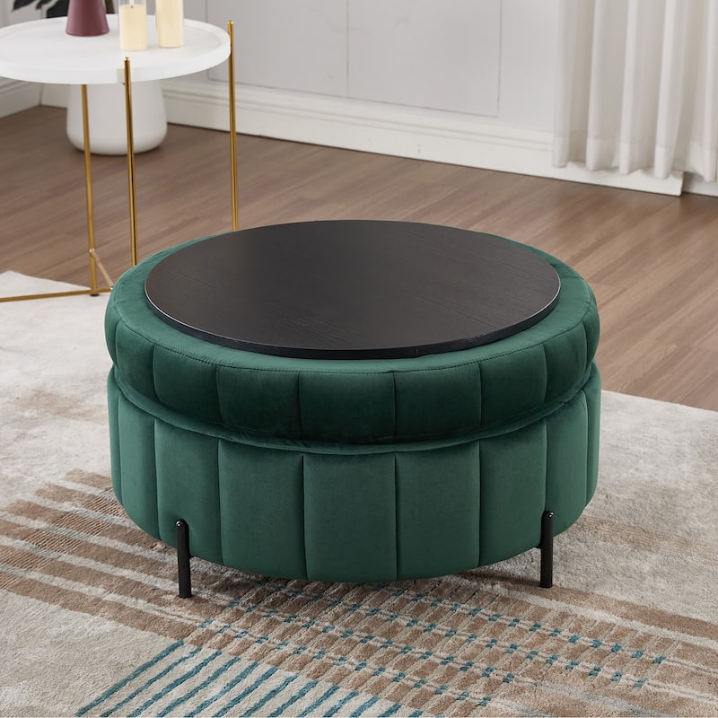 31.5"W Upholstered Round Ottoman With Reversible Lid, Velvet Storage Stool, Channel Tufted Pumpkin-shape Footstool