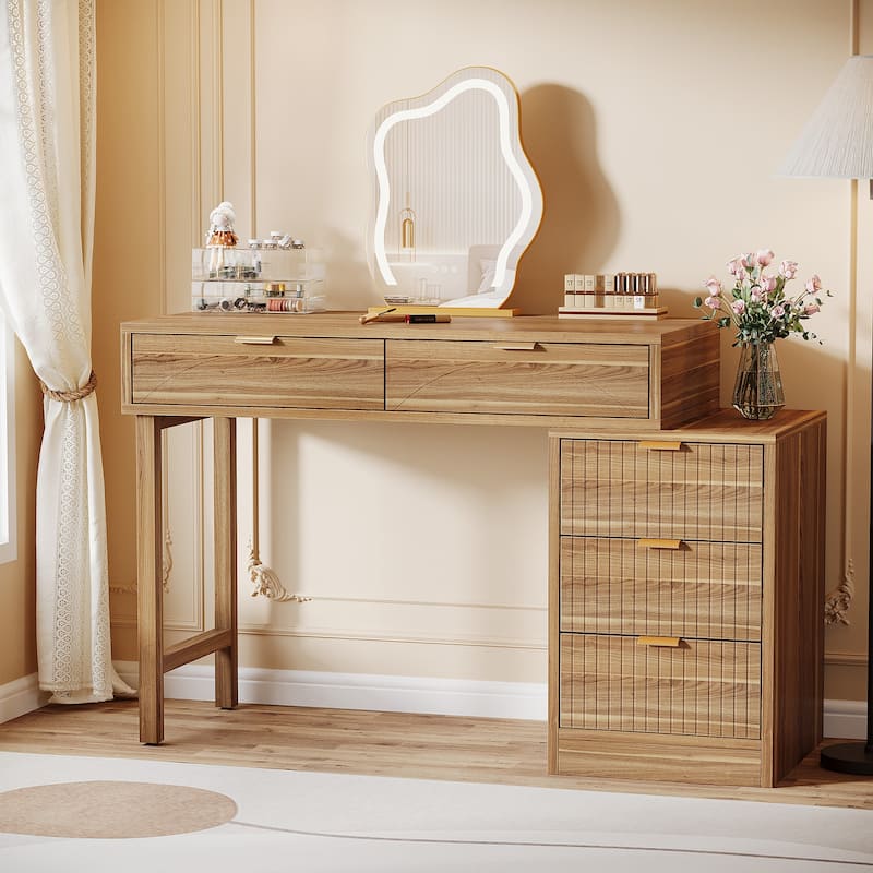 51-Inch Modern Makeup Vanity Desk with Reversible Drawer Cabinet - Brown