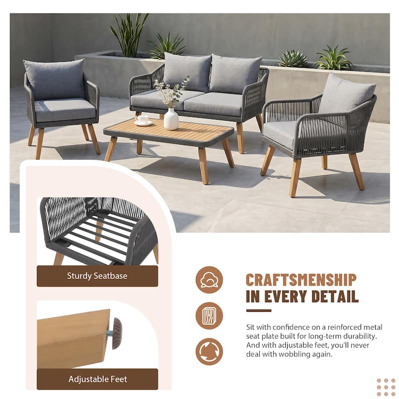 Outdoor 4 Pieces Rope Conversation Set with Cushions