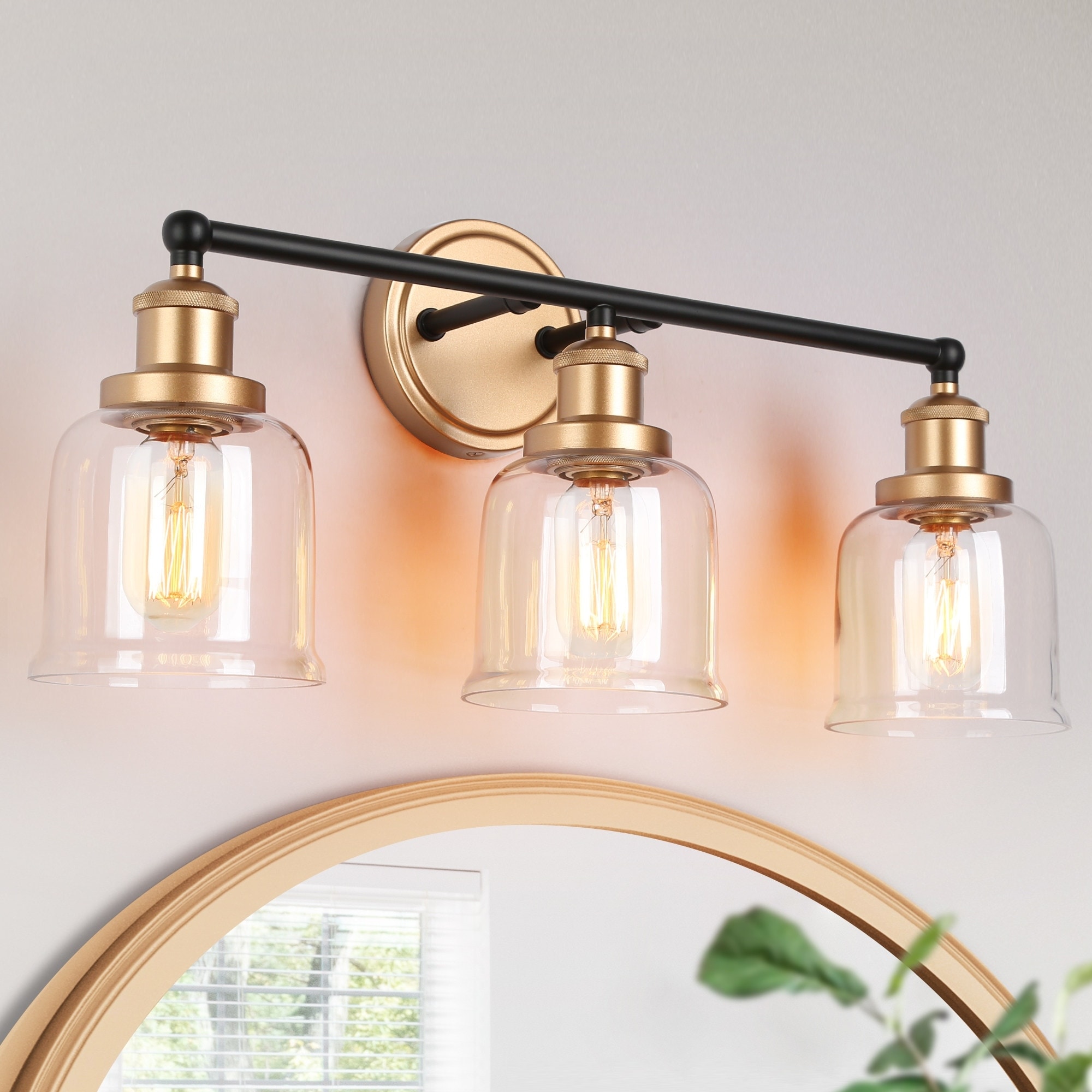 Mid-century Modern Black Gold Bathroom Vanity Lights with Clear Bell Glass for Powder Room - L 21.5" x W 7.5" x H 10"