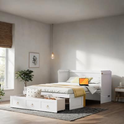 Queen Size Wood Murphy Bed with USB Port Module and Drawer