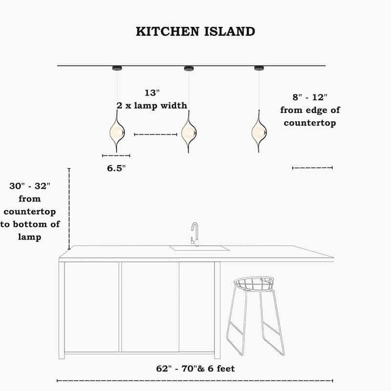 Modern Contemporary 1-Light Black Gold Kitchen Island LED Pendant Lights with Frosted Glass - 6.5" L x 5.5" W x 20" H