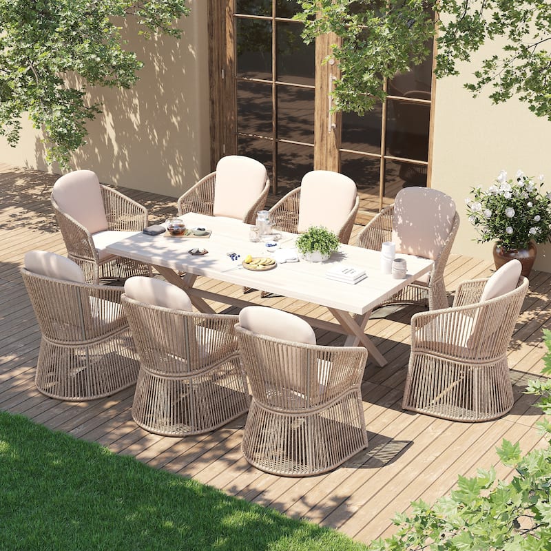 9-Piece Outdoor Dining Set - Weather-Resistant Aluminum Table with X-Leg Stability & PE Rattan Chairs