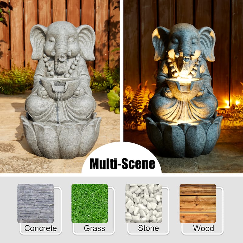 Glitzhome 21.75"H 2-Tiered Lighted Zen Style Frog Elephant Polyresin Outdoor Fountains