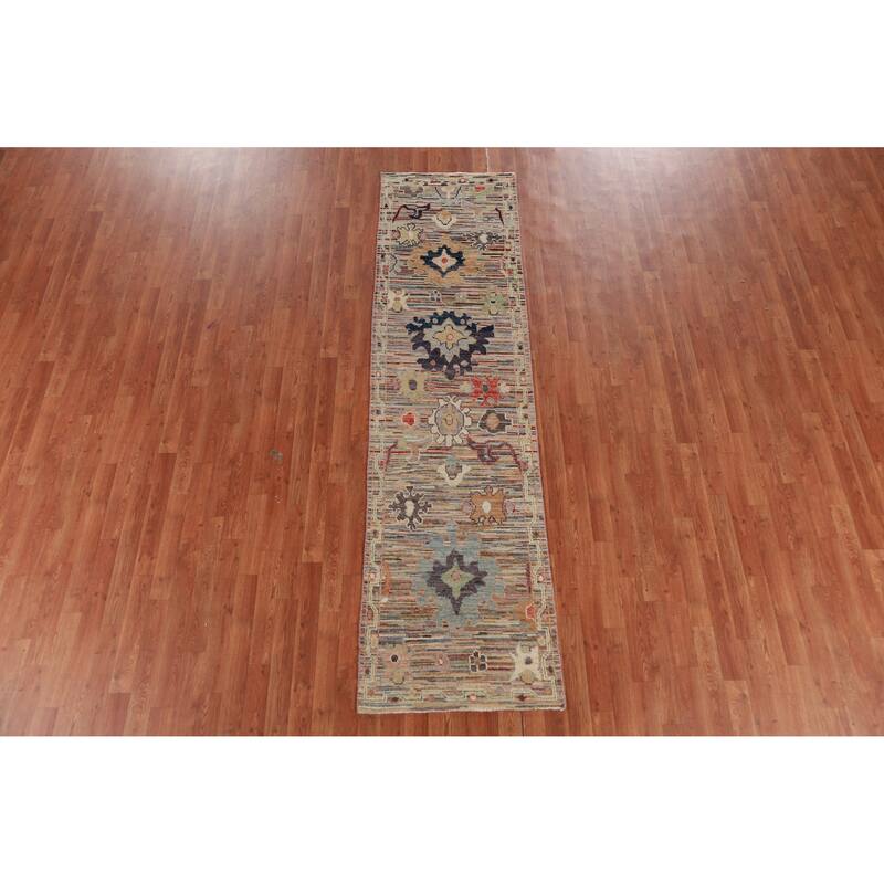 Hand Knotted Oriental 100% Wool Carpet Transitional Floral Multi-Colored Oushak Runner Rug - 9' 3'' X 2' 5''