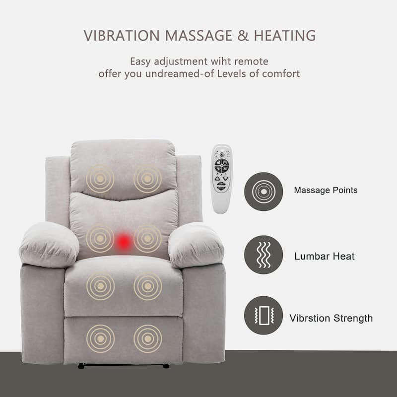 Velvet Fabric Power Recliner Chair with Massage and Heating
