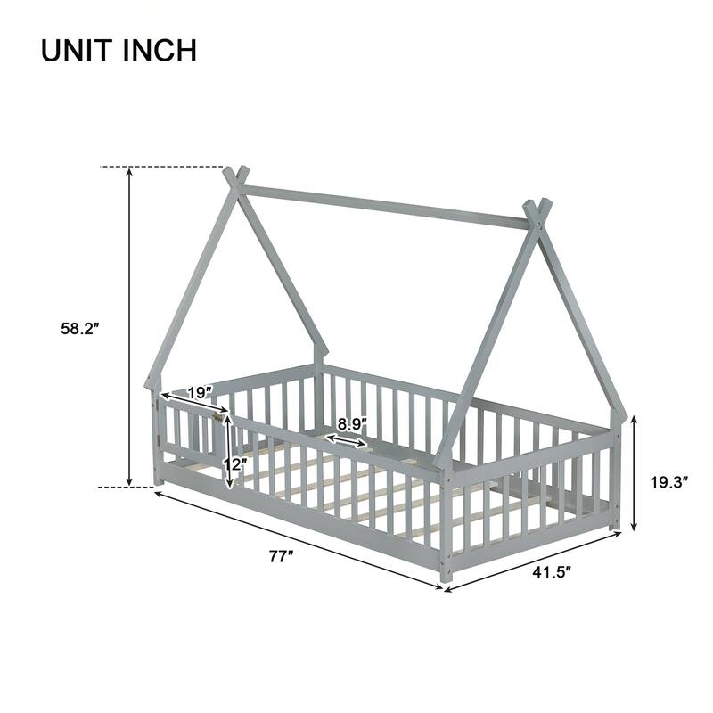 Twin Tent-shaped Floor Bed,Teepee Bed with Guardrails,Slats and Door