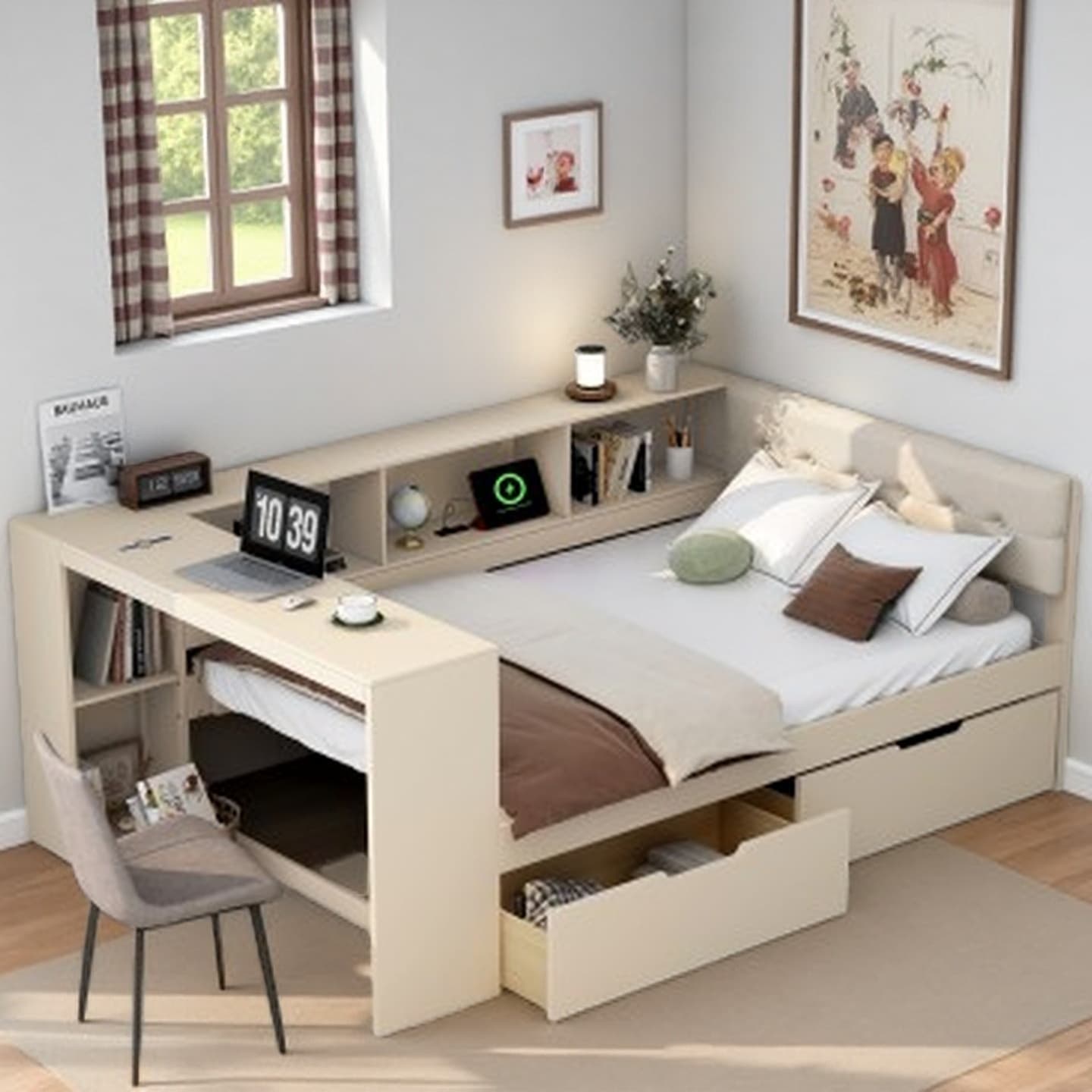Platform Bed with Upholstered Headboard, Built-In Storage Drawers & Shelves, USB Charging Station, Solid Wood & MDF Construction