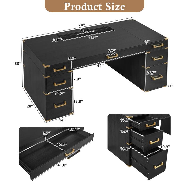 70" Extra-Large Executive Desk with Metal Edge Trim by Harper&Bright Designs