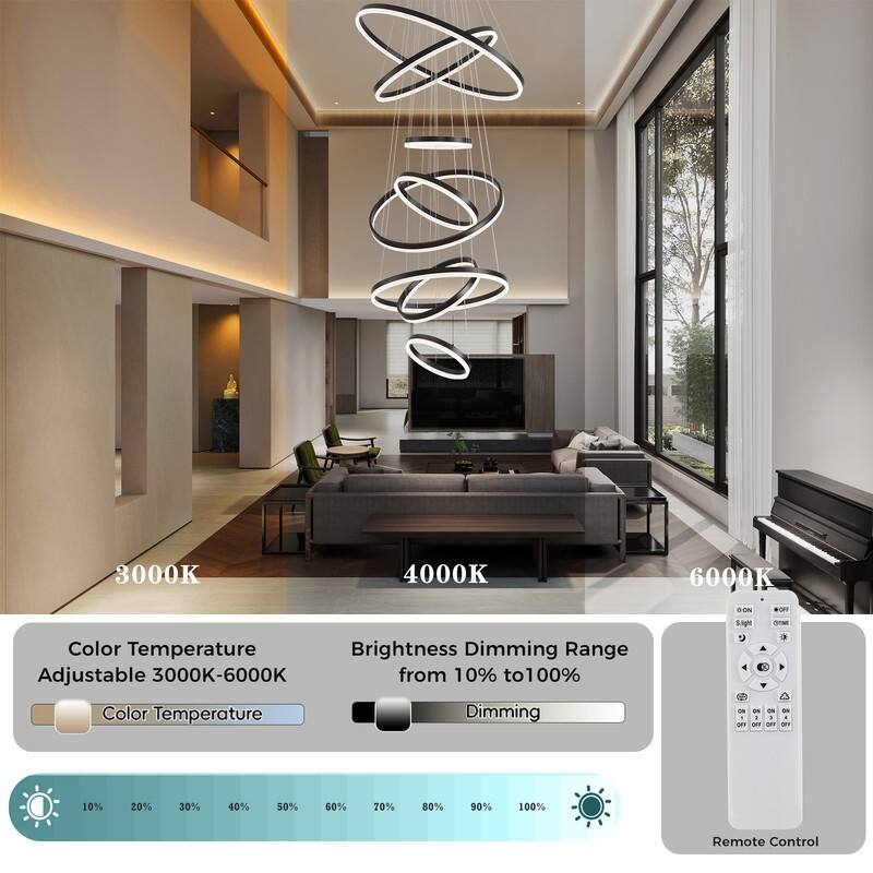 Modern Ring LED Chandelier Ring Adjustable Ceiling Light with Remote Control for High Ceilings