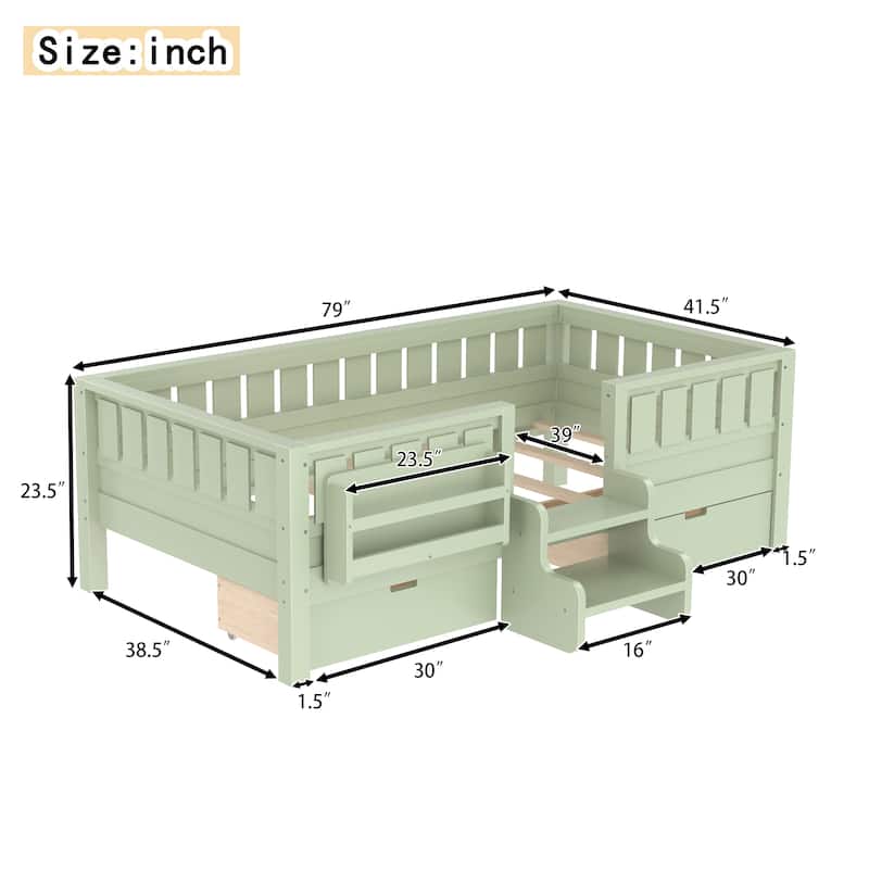Full/Twin Loft Bed with Storage Drawers, Safety Staircase & Rails