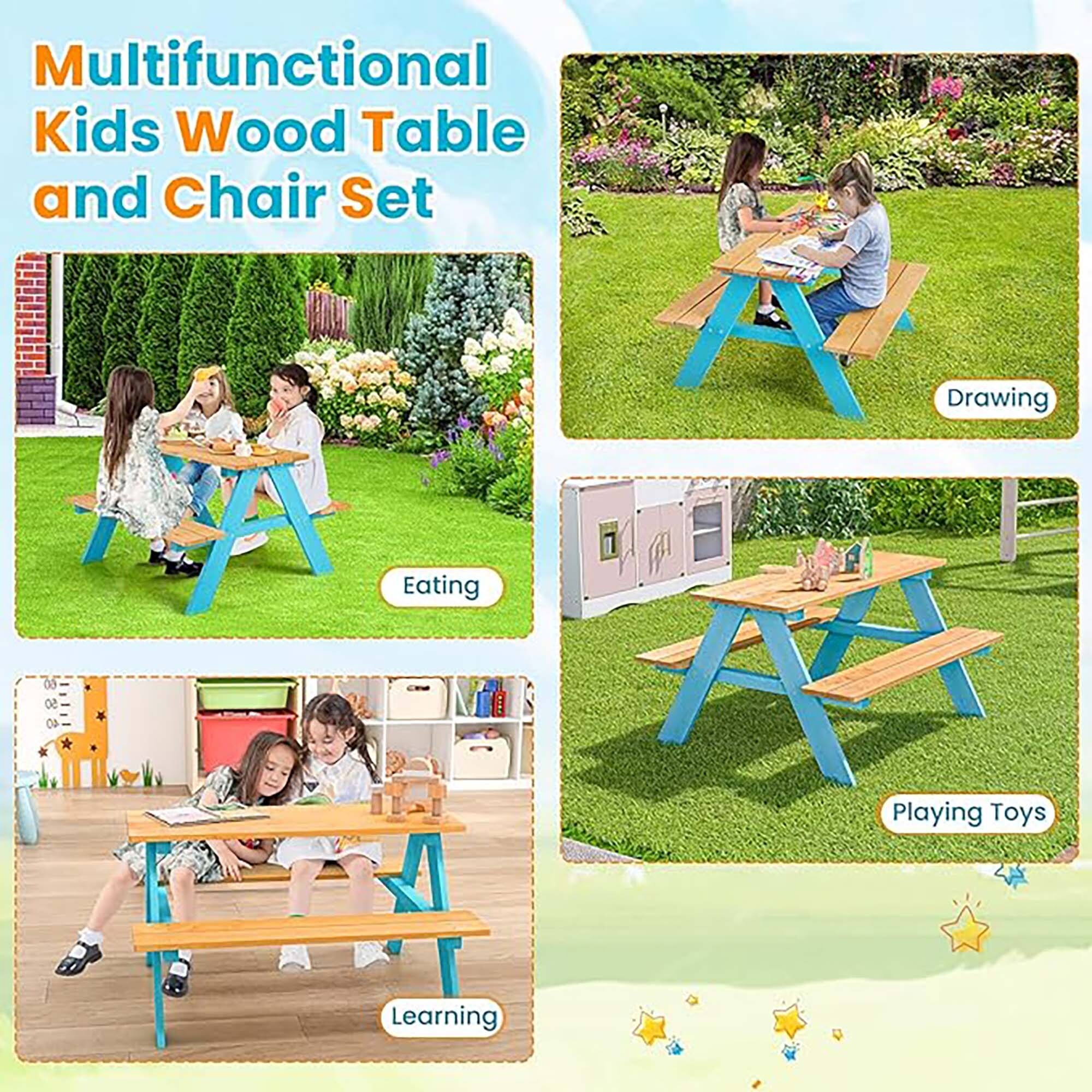 Kids Outdoor Picnic Wooden Table Set w/ Bench Seats Backyard - Bed