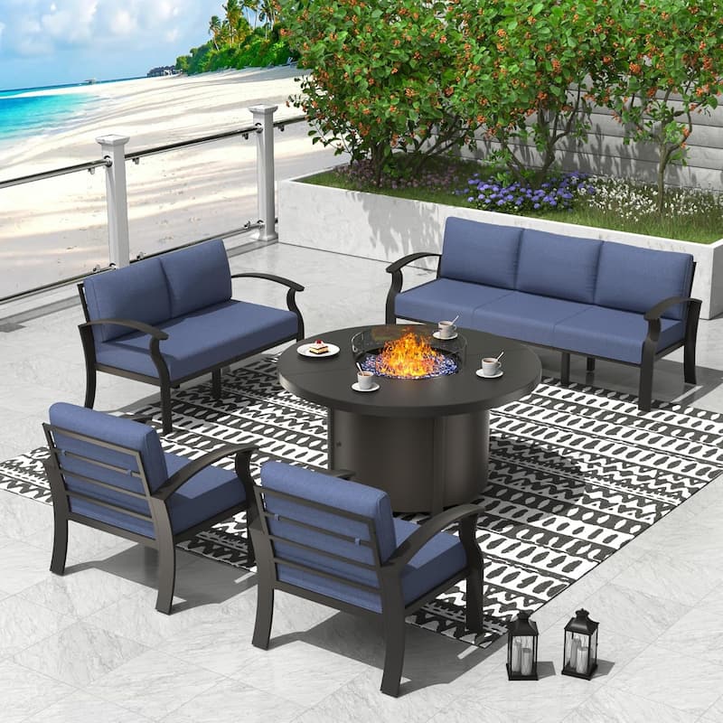 Patio Aluminum Sofa with Armrests, Outdoor Conversation Set with Round Fire Pit Table 5inch Thick Seat Cushions - 7Seats - Navy Blue