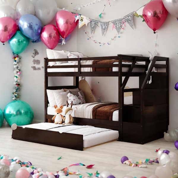 slide 2 of 49, Modren Multifunctional Twin Over Twin Bunk Bed With Twin Size Trundle and 3 Storage Stairs For Bedroom,Dorm,Adults,Kids Espresso