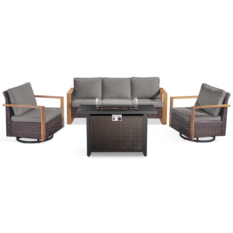 Meyreso Wicker Outdoor Patio Metal Fire Pit Set with Swivel Gliders & 4.5" Olefin Cushions