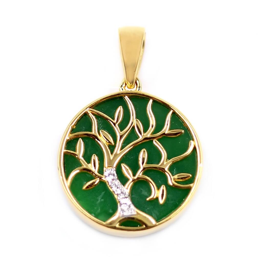 Yellow Gold Over Sterling Silver, Dyed Green Jade and White Natural Zircon Gemstone Pendants