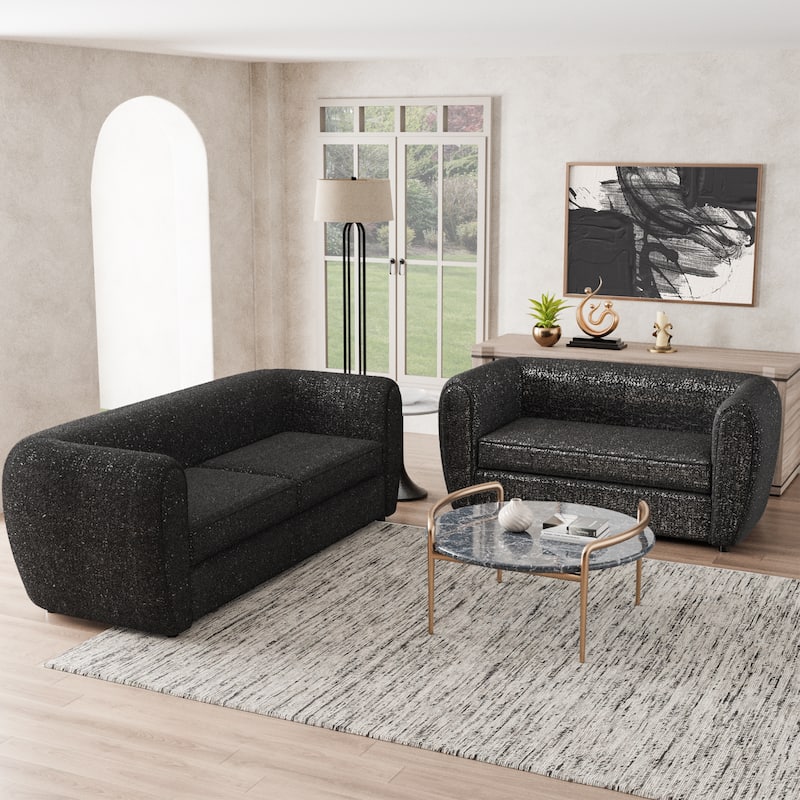 Furniture of America Vanessa Modern Curved Arms Boucle Sofa Set with Seat Cushion and Wooden Legs, 2-Piece or 3-Piece Options - Black - 2 Piece