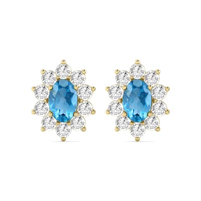 Marquee Oval Shape Blue Topaz and Diamond Flower Earrings in 14K Yellow Gold