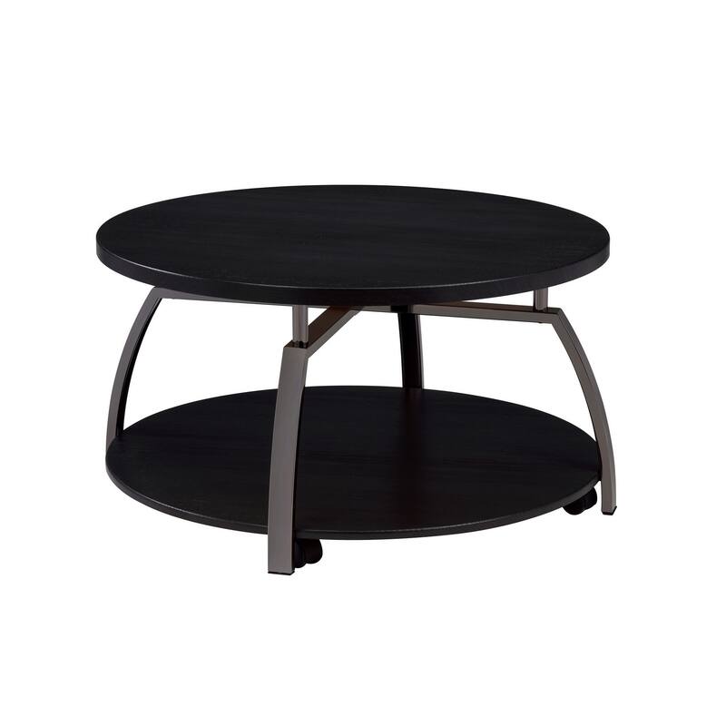 Dyn 35 Inch Round Coffee Table, 1 Shelf, Grayish Black Top, Gray Metal Leg