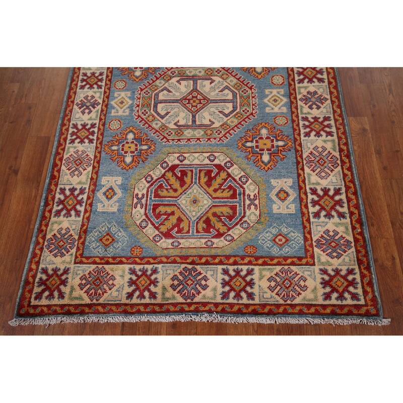 Blue Geometric Kazak Foyer Rug Hand-Knotted Wool Carpet - 3'5" x 4'11"