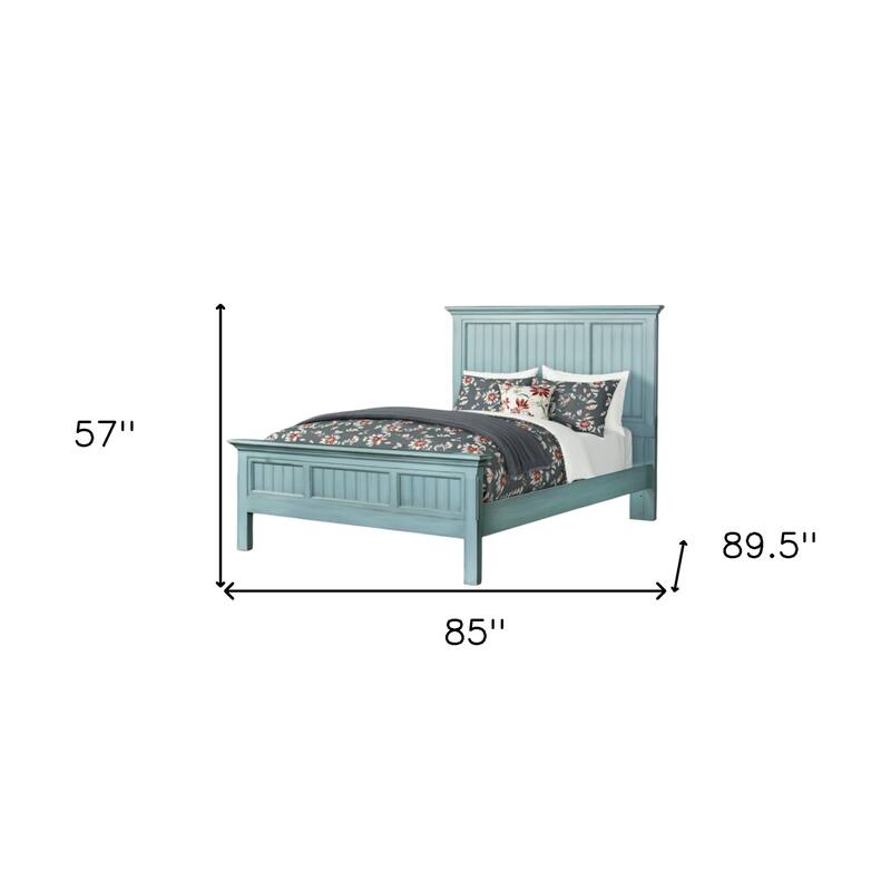 HomeRoots Blue Carved Geometric Distressed Solid Wood King Bed Frame