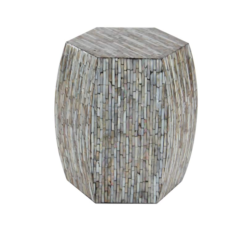 Mother of Pearl Shell Geometric Handmade Shell Mosaic Hexagon Accent Table with Brown Accents - Gray - Roche River Decor