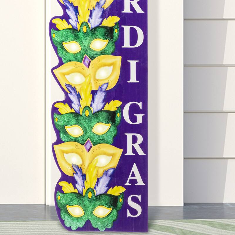 Glitzhome 41.75"H Mardi Gras Lighted Wooden Stacked Masks Porch Decor w/Timer