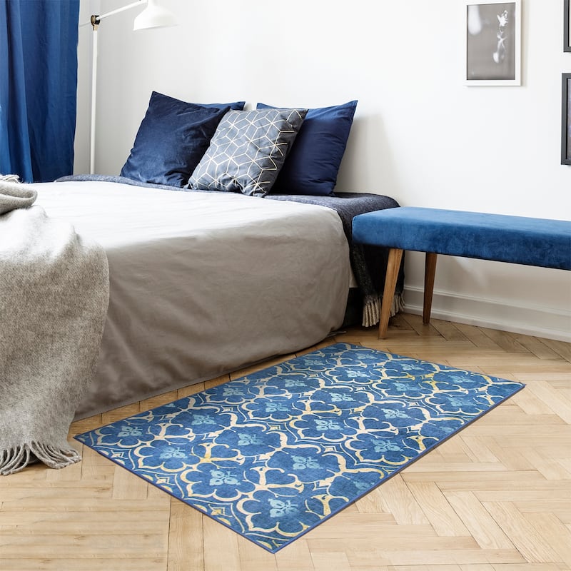 My Magic Carpet Machine Washable Area Rug Leilani Damask Blue