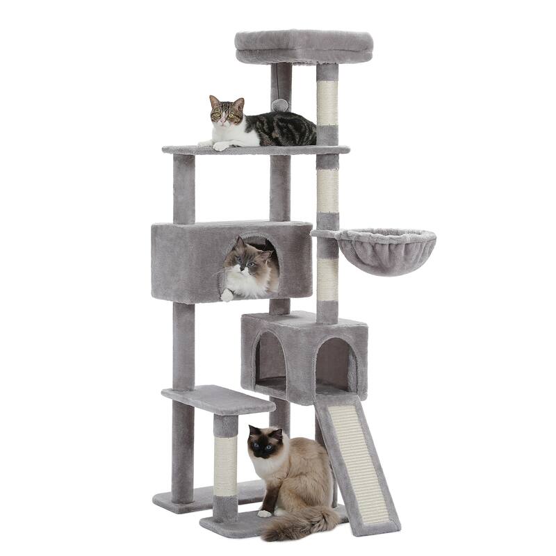 61" Indoor Large Cat Tree Cat Tower with Ladder and Dual Condos - Grey