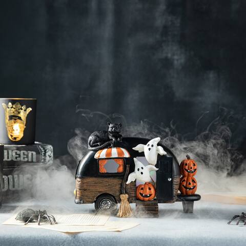 Glitzhome 9.25''L Halloween Polyresin Lighted Camper with Ghost & Pumpkin & Black Cat Table Decor