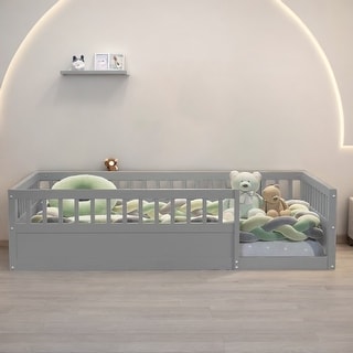 Twin Wooden Floor Bed Frame with Safety Fence, Low to Ground Design for Kids' Bedroom & Playroom, Easy Assembly, Grey