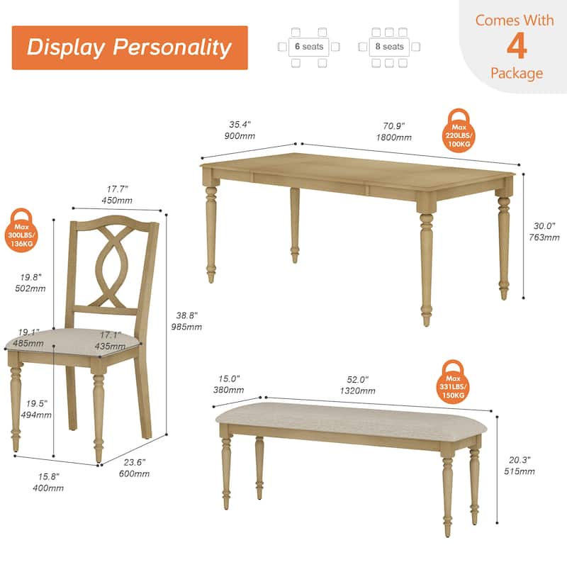 6 Piece Dining Table Set, Table with Bench & 4 Cross-Back Chairs, Oak