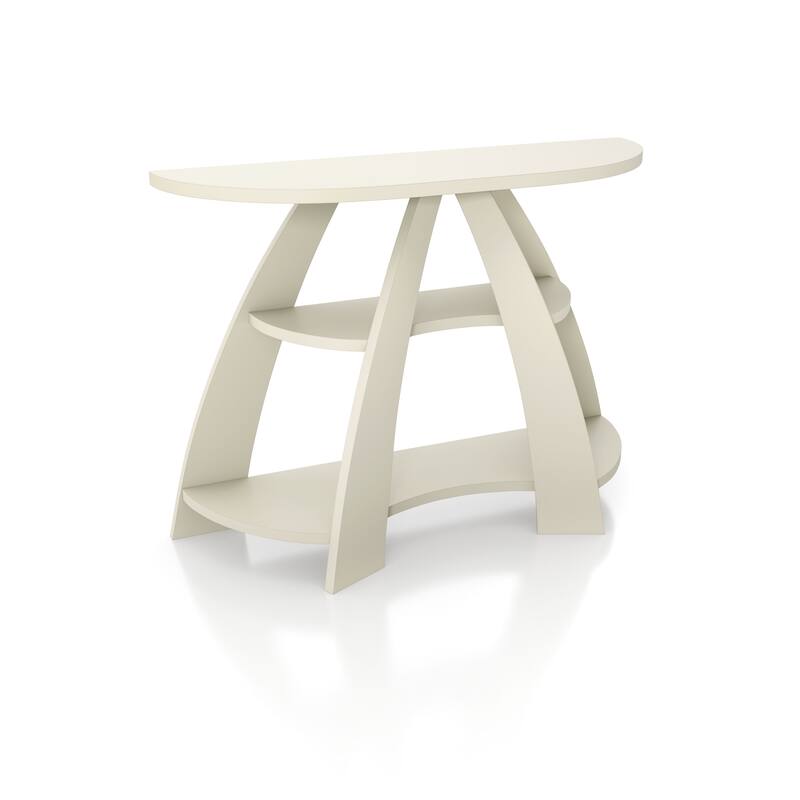 24/7 Shop At Home Contemporary Soft White Half Moon Console Table with 2 Shelves and Curved Legs