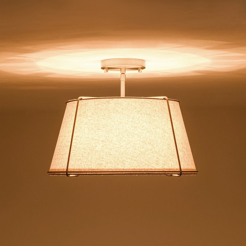 Brass 4-Light Wide Drum Linen Ceiling Light - 17in Mid-Century