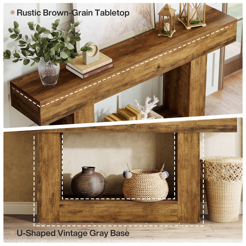 63 Inches Brown/ Gray Wood Entryway Table, Farmhouse Console Table for Entryway