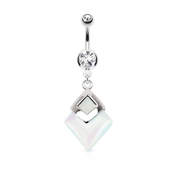 Opalite Diamond Shaped Semi Precious Stone Mounted 316L Surgical Steel Navel Belly Button Ring