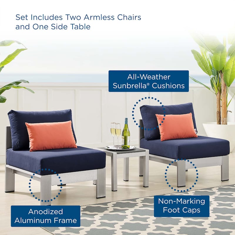 Shore Sunbrella® Fabric Aluminum Outdoor Patio Aluminum 3 Piece Outdoor Patio Set