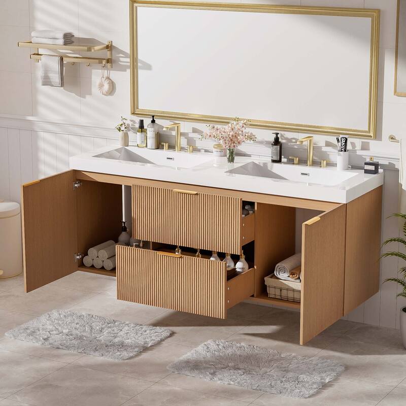 59.3 Inch Floating Double Sink Bathroom Vanity with SMC Resin Top, Wall Mounted Storage Cabinet for Large Bathrooms