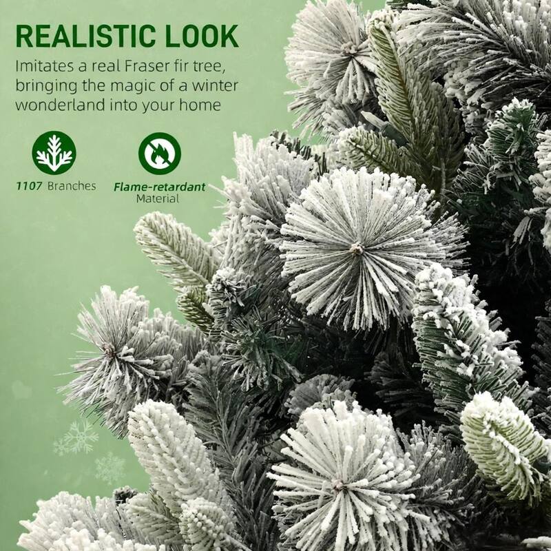 Flocked Artificial Christmas Tree - Clear Lights, Metal Stand, Holiday Decor - Green